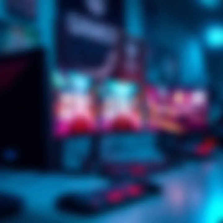 A gaming desktop with multiple monitors displaying fast-paced gameplay, showing frames per second on the screen.