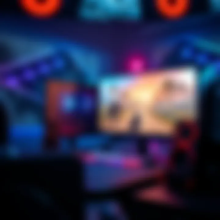 A powerful gaming PC setup displaying a high-resolution game with intense graphics on the screen, showcasing detailed visuals and vibrant colors