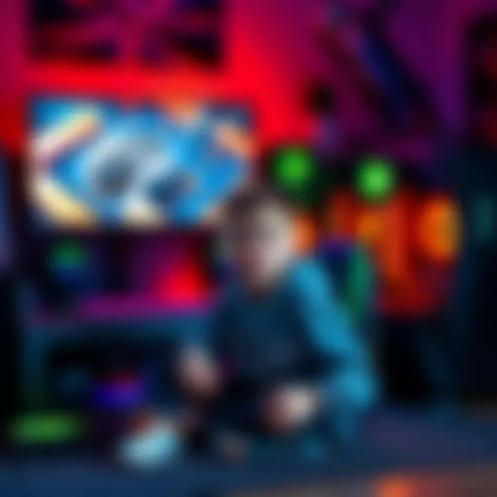 An 8-year-old boy sits in front of a gaming rig with a Ryzen 5 processor, RX 6500 XT graphics card, and a large 4K screen, surrounded by colorful gaming accessories.