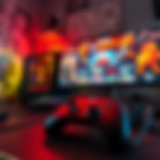 A gaming setup featuring a high-performance PC, controller, and a vibrant display, showcasing various game genres for different hardware specs.