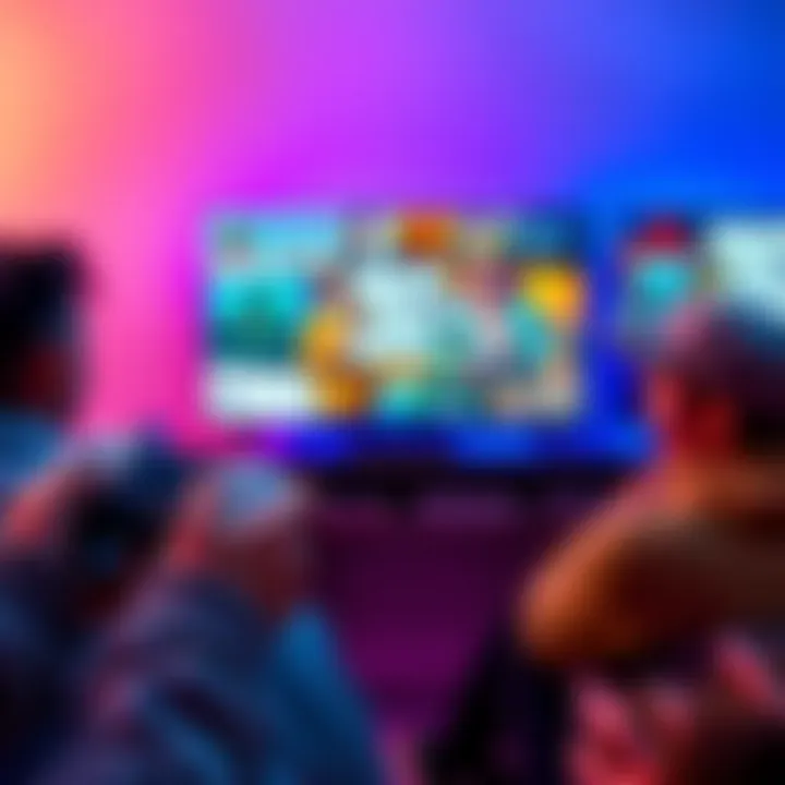 A PS5 console with two controllers, a gaming screen displaying GTA 6, and friends enjoying gaming together