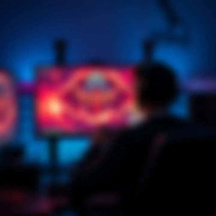 Gaming setup with Quake Live on screen A gamer playing Quake Live on a computer with a focused expression and colorful graphics displayed on the monitor