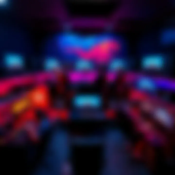 A diverse display of gaming setups featuring various monitors, keyboards, and accessories. Players are engaged in gaming discussions about their favorite builds.