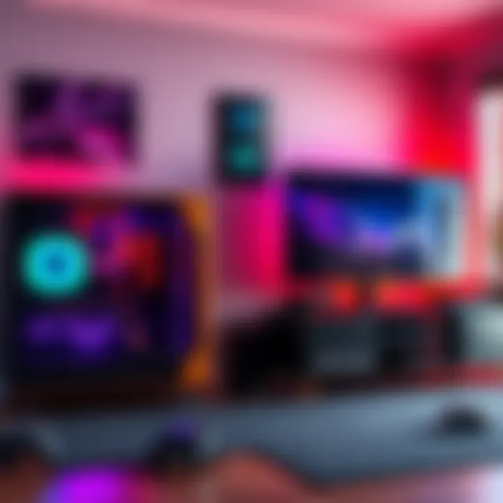 A gaming room featuring a powerful gaming PC on one side and a modern gaming console on a TV stand on the other side, with gaming accessories spread out.