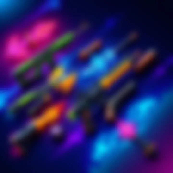 Various gaming skins displayed alongside matching mythic weapons, showcasing vibrant colors and designs