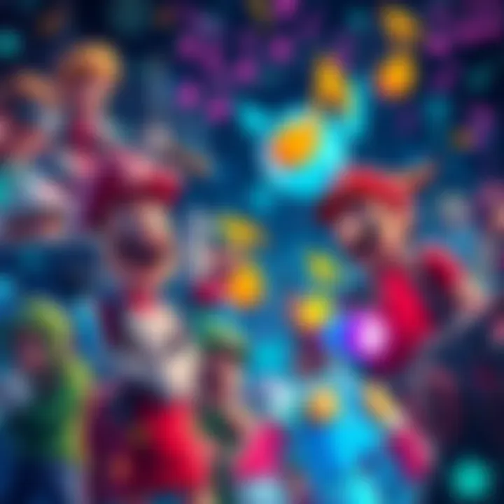 A colorful collage of popular video game characters and music notes representing iconic game soundtracks.