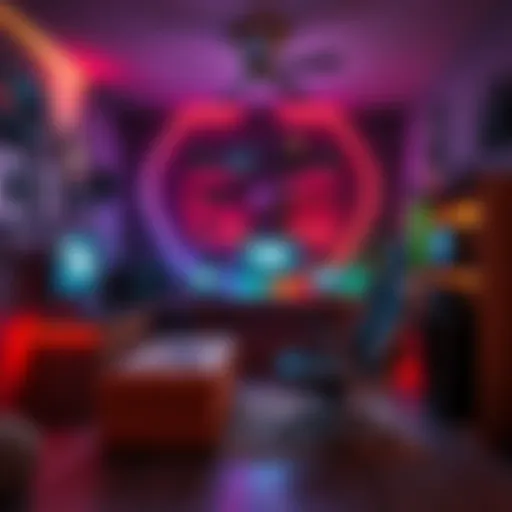 A cozy gaming space with colorful LED lighting, a comfortable chair, and various gaming consoles displayed.