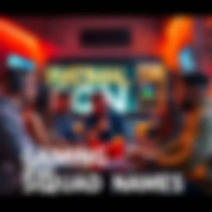 Gaming Squad Names A group of friends gathered around gaming consoles, brainstorming fun names for their team while enjoying snacks and drinks.