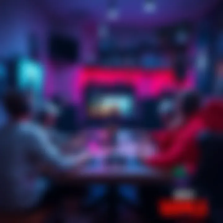A group of gamers strategizing together around a table with controllers and screens in a cozy gaming room