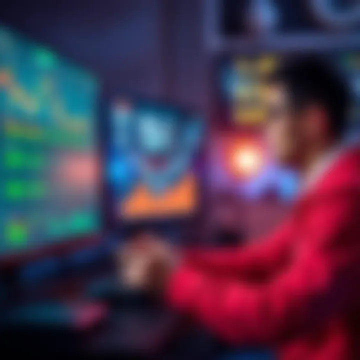 A gamer analyzing strategies on a computer screen while calculating earnings from in-game profits