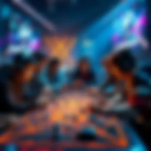 A group of gamers discussing strategies to achieve a wipe to Omega at a gaming table.