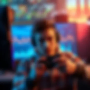 A gamer contemplating strategies with a controller in hand, surrounded by gaming elements and stats on screen.