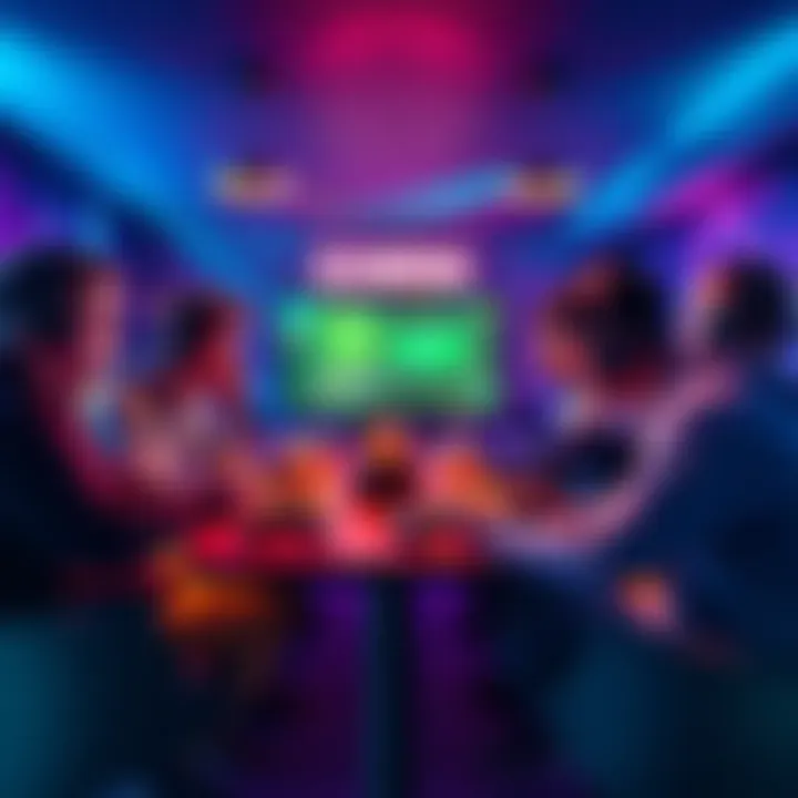 A group of gamers discussing strategies around a table with controllers and snacks, focused on improving their gameplay after tough matches.