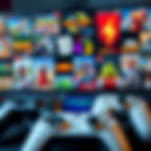 A variety of video games displayed on a colorful gaming console with controllers, showcasing popular titles for entertainment.
