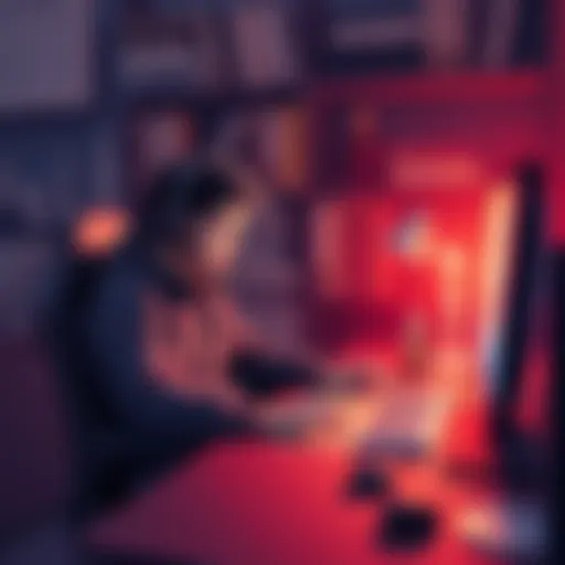 A gamer sitting at a computer, sharing ideas for one-click weapon disassembly and improved clothing storage in a game.