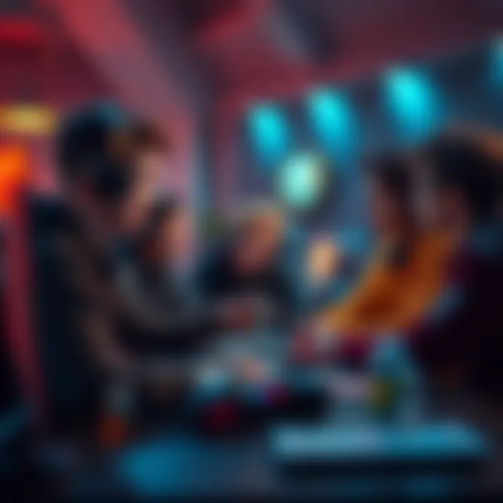 A group of gamers discussing strategies for the support role in a gaming setting, with a focus on teamwork and communication.