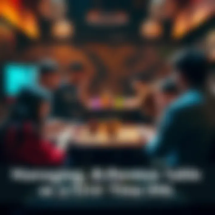 Eight friends gathered around a tabletop game, engaged and enjoying the game experience together