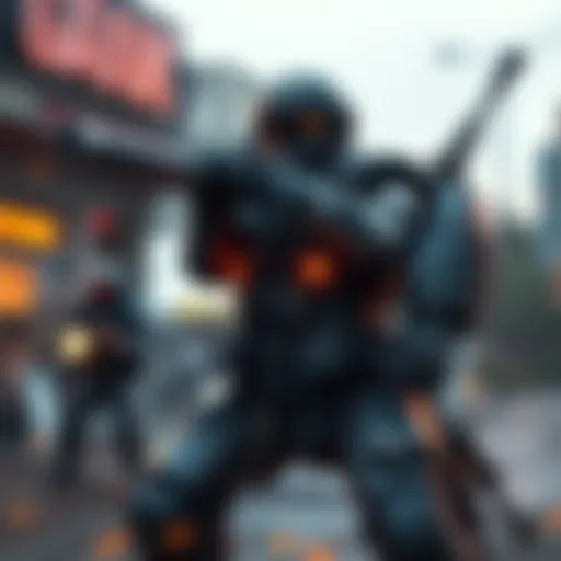 A character in armor stands bravely, protecting teammates in an online game environment.