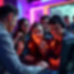 A gaming team celebrating their match completion without eliminations, showing mixed expressions of joy and concern, with gaming equipment visible around them.