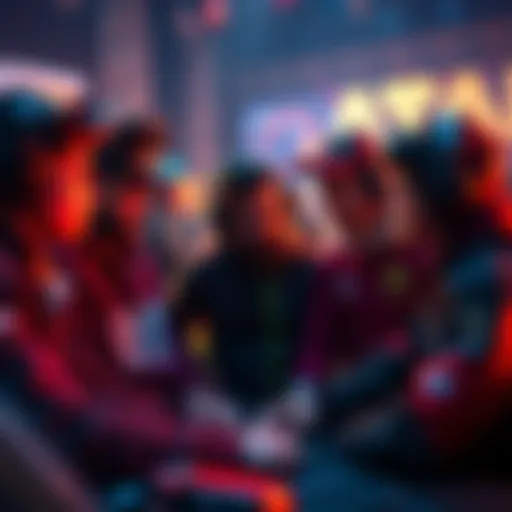 Gaming Team Discussing Strategy A group of gamers strategizing together during a competitive match, showing diverse characters and a focused atmosphere.