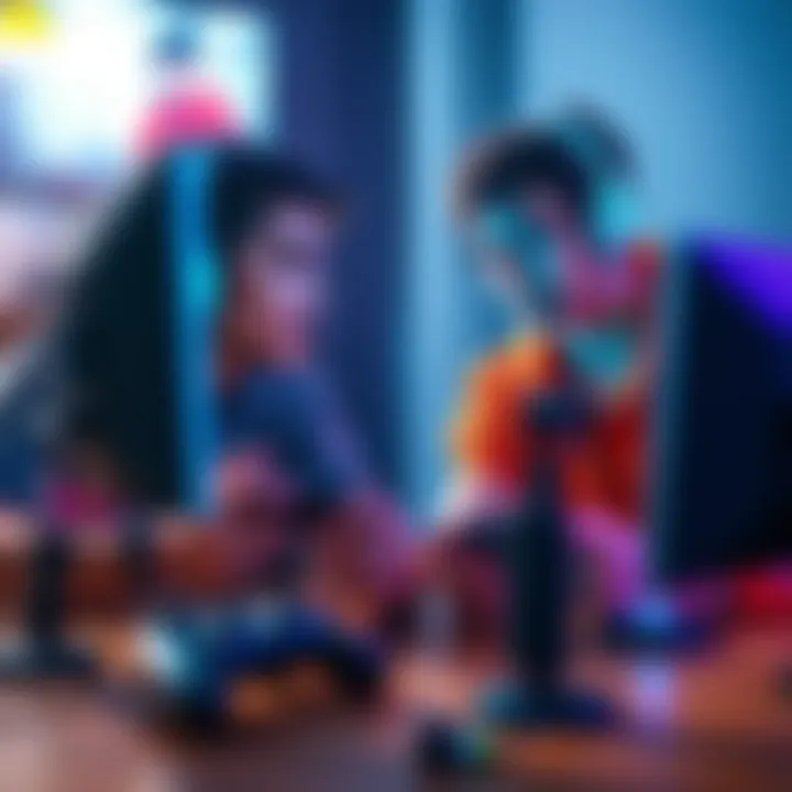 A console player looking for a dedicated partner to grind for Platinum rank in a video game. The image shows two gamers focused on their screens with controllers in hand, discussing strategy together. Mic on the table indicates communication is vital for teamwork.