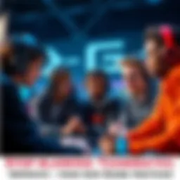 A diverse group of gamers discussing strategies while playing together, focusing on improving their skills and teamwork.