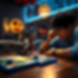 Gaming Titles Comparison A gamer contemplating two video games, Nioh 3 DLC and Lies of P, with game covers displayed on a table.