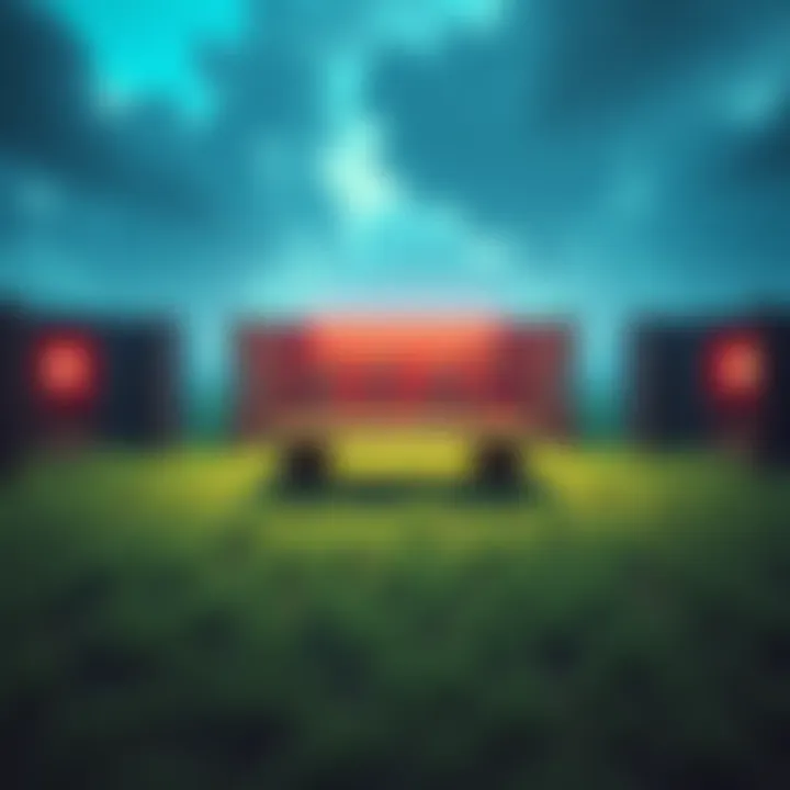 A gaming scene featuring a grassy area with a weapons table and door-like structures, illustrating team-based combat in a training mode