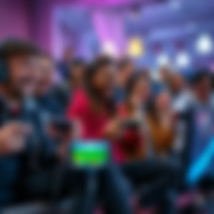 A group of diverse gamers excitedly playing different video games together, showcasing the latest gaming technology and trends, with colorful graphics on their screens.