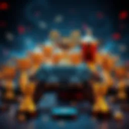 Video game controller with trophies A video game controller surrounded by various gaming trophies symbolizing achievement