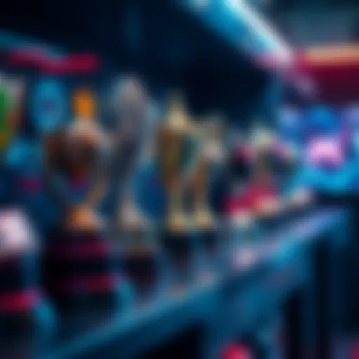 A collection of gaming trophies arranged on a shelf, showcasing different designs and colors, representing achievements in video games.