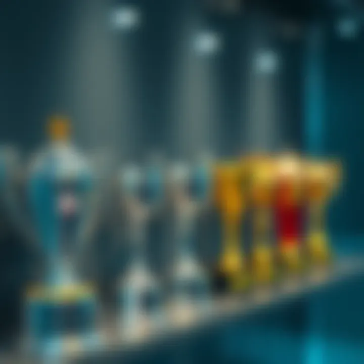 Gaming trophies on a shelf A display of various gaming trophies including platinum, gold, silver, and bronze awards on a shelf