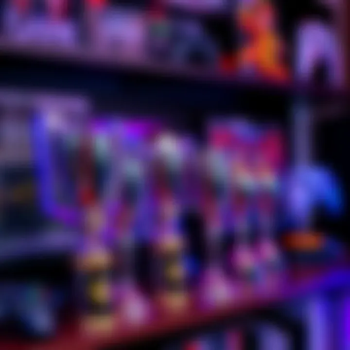 Gaming trophies on a shelf Various platinum gaming trophies displayed on a shelf with game cases in the background