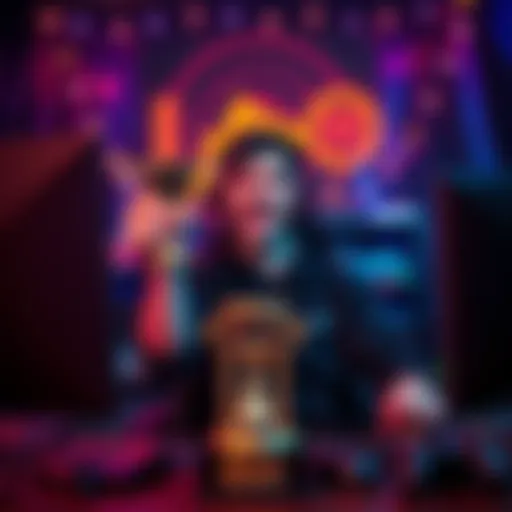 A gamer celebrating with a trophy after achieving a gaming milestone, surrounded by a gaming setup with colorful lights.