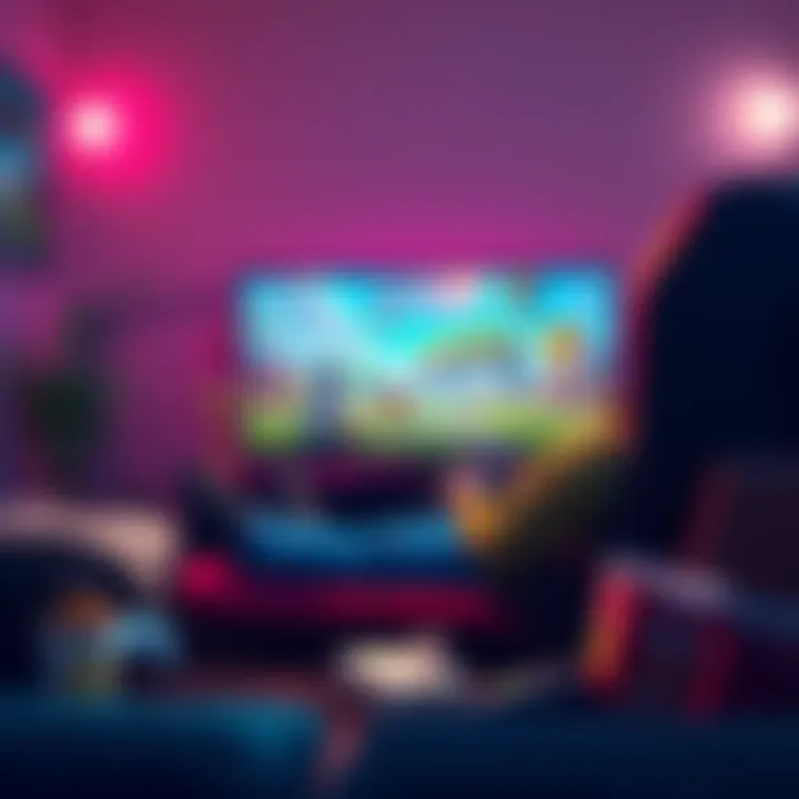 A gamer sitting comfortably in front of a TV, focusing on achieving trophies in a video game, surrounded by game controllers and snacks.