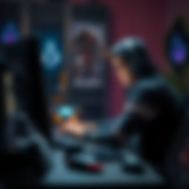 A person sitting at a computer, looking frustrated while trying to fix issues with a video game. Various gaming hardware is visible around.