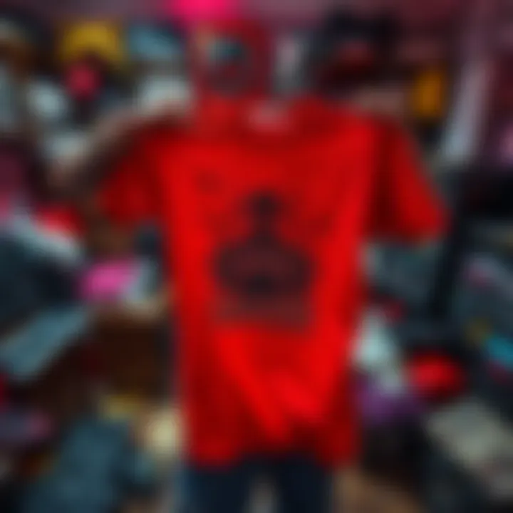 A person holding an old t-shirt with gaming graphics, showcasing a piece of gaming history in a cluttered room