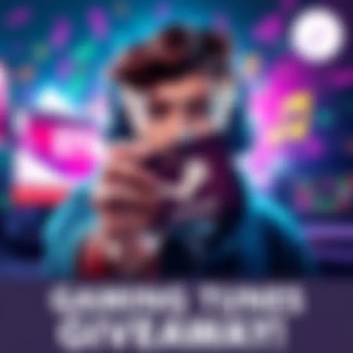 Gaming Tunes Giveaway A person holding a Steam gift card with headphones, surrounded by music notes and gaming icons.