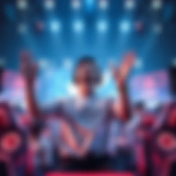 A person excitedly celebrating after achieving a perfect score in a game, hands raised in triumph, surrounded by gaming elements.