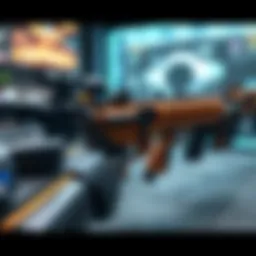 A close-up view of different tiered weapons showcasing various perks and customizations in a gaming environment.