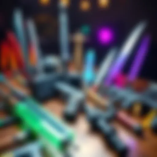 Various gaming weapons displayed on a table, showing swords, guns, and magic staffs for gamers to choose from.