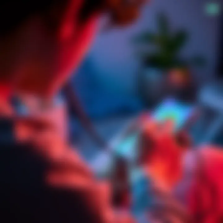 A close-up of a person sitting with a smartphone plugged into a charger, focused on gaming, with a visible battery icon on the screen