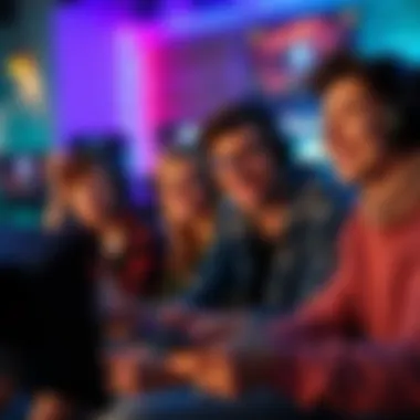 A group of friends playing video games together, smiling and enjoying their time, relaxed atmosphere
