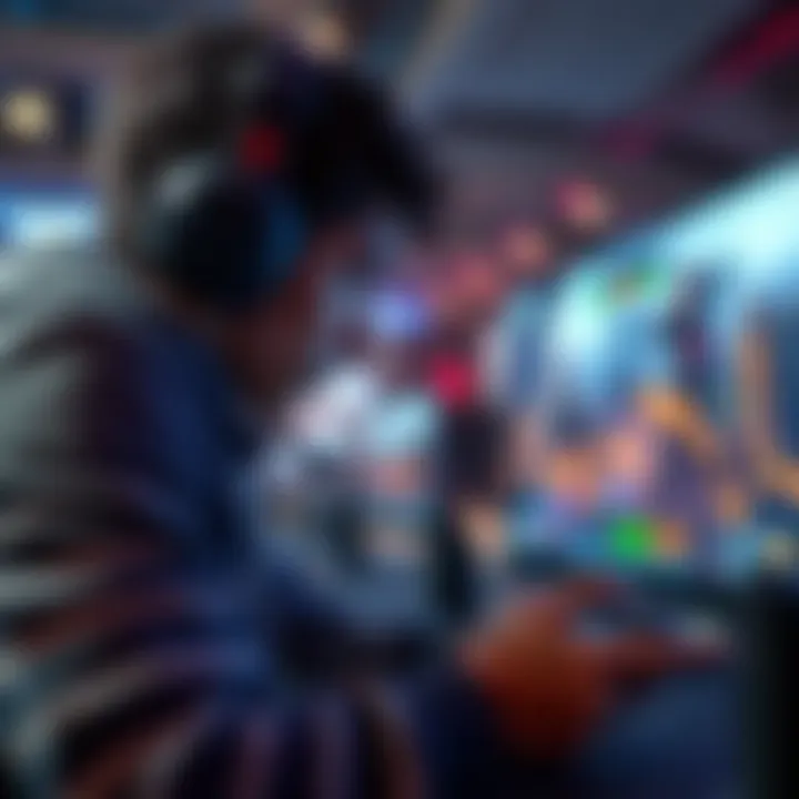 A gamer focused on a screen showing a multiplayer game with ping statistics