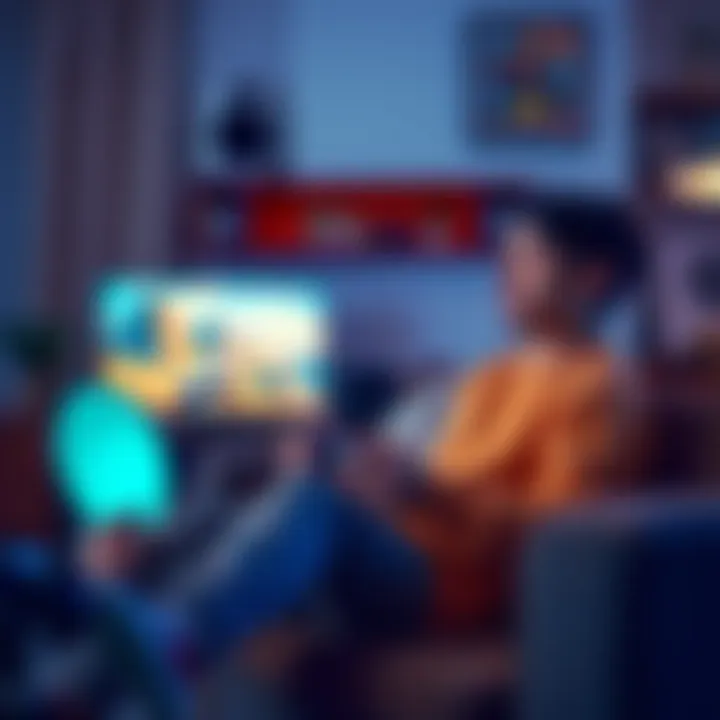 A person playing a video game on a comfortable couch, focused on the screen, with a calm expression, surrounded by game controllers and snacks.