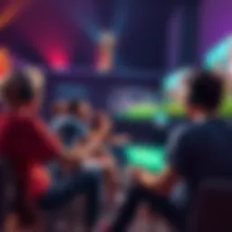 A group of friends playing video games while watching the World Cup on TV, showcasing excitement and engagement.