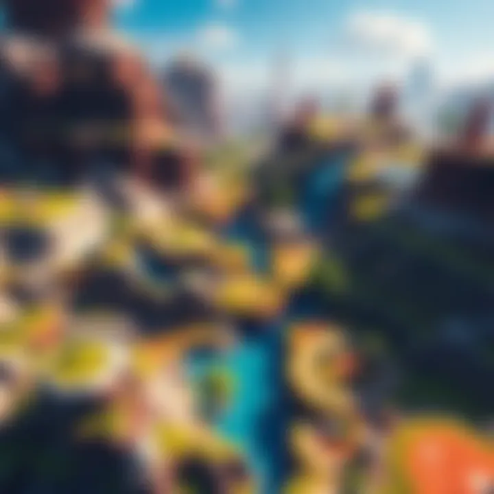 Gaming world with procedural generation A colorful game environment showcasing different terrains and structures created through procedural generation, highlighting diverse areas that players can explore.