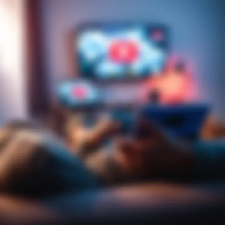 A person sitting comfortably on a couch, focused on a laptop showing YouTube, while a game controller rests in their lap, suggesting a relaxed gaming atmosphere.