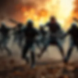 A group of Ganados aggressively charging toward Leon Kennedy, who stands ready for combat. The scene captures the tense moment as they rush despite his skilled presence.