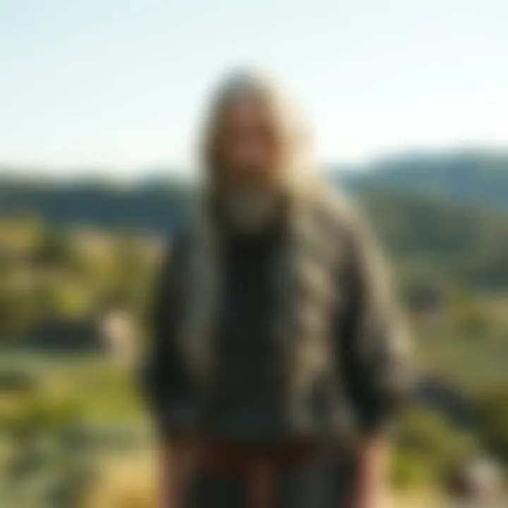 Gandalf hairstyle inspiration A person with long, gray hair styled to resemble Gandalf from popular fantasy, wearing a simple outfit and standing in a natural setting.